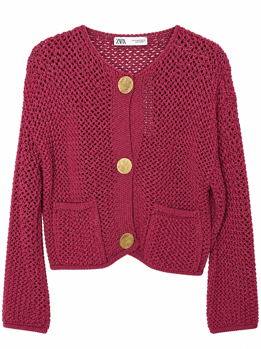 ZARA Magenta Open-Knit Cardigan with Gold Buttons